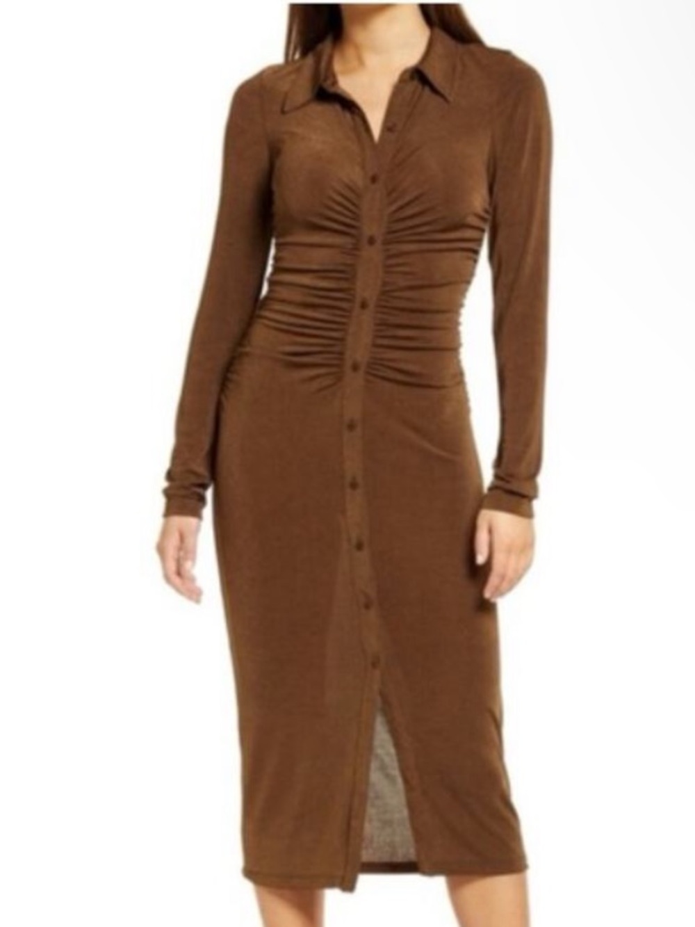 Good American Good Touch Button Front Midi Dress - Brown